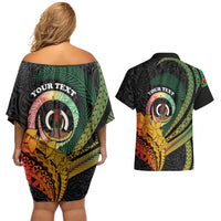 Personalised Vanuatu Independence Day Couples Matching Off Shoulder Short Dress and Hawaiian Shirt July 30 Pig Tusk Long God Yumi Stanap LT14 - Polynesian Pride