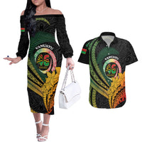 Personalised Vanuatu Independence Day Couples Matching Off The Shoulder Long Sleeve Dress and Hawaiian Shirt July 30 Pig Tusk Long God Yumi Stanap LT14 Black - Polynesian Pride