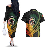 Personalised Vanuatu Independence Day Couples Matching Off The Shoulder Long Sleeve Dress and Hawaiian Shirt July 30 Pig Tusk Long God Yumi Stanap LT14 - Polynesian Pride