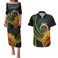 Personalised Vanuatu Independence Day Couples Matching Puletasi and Hawaiian Shirt July 30 Pig Tusk Long God Yumi Stanap LT14 Black - Polynesian Pride