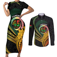 Personalised Vanuatu Independence Day Couples Matching Short Sleeve Bodycon Dress and Long Sleeve Button Shirt July 30 Pig Tusk Long God Yumi Stanap LT14 Black - Polynesian Pride
