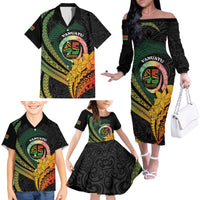 Personalised Vanuatu Independence Day Family Matching Off The Shoulder Long Sleeve Dress and Hawaiian Shirt July 30 Pig Tusk Long God Yumi Stanap LT14 - Polynesian Pride