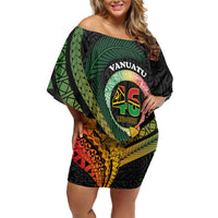 Personalised Vanuatu Independence Day Family Matching Off Shoulder Short Dress and Hawaiian Shirt July 30 Pig Tusk Long God Yumi Stanap LT14 Mom's Dress Black - Polynesian Pride
