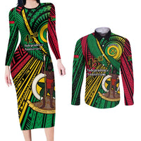 Halo Vanuatu Couples Matching Long Sleeve Bodycon Dress and Long Sleeve Button Shirt Happy 46th Independence Anniversary LT14 Black - Polynesian Pride