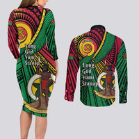 Halo Vanuatu Couples Matching Long Sleeve Bodycon Dress and Long Sleeve Button Shirt Happy 46th Independence Anniversary LT14 - Polynesian Pride