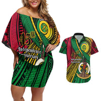 Halo Vanuatu Couples Matching Off Shoulder Short Dress and Hawaiian Shirt Happy 46th Independence Anniversary LT14 Black - Polynesian Pride