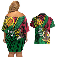 Halo Vanuatu Couples Matching Off Shoulder Short Dress and Hawaiian Shirt Happy 46th Independence Anniversary LT14 - Polynesian Pride