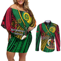 Halo Vanuatu Couples Matching Off Shoulder Short Dress and Long Sleeve Button Shirt Happy 46th Independence Anniversary LT14 Black - Polynesian Pride