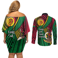 Halo Vanuatu Couples Matching Off Shoulder Short Dress and Long Sleeve Button Shirt Happy 46th Independence Anniversary LT14 - Polynesian Pride