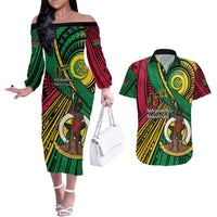 Halo Vanuatu Couples Matching Off The Shoulder Long Sleeve Dress and Hawaiian Shirt Happy 46th Independence Anniversary LT14 Black - Polynesian Pride