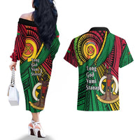 Halo Vanuatu Couples Matching Off The Shoulder Long Sleeve Dress and Hawaiian Shirt Happy 46th Independence Anniversary LT14 - Polynesian Pride