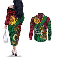 Halo Vanuatu Couples Matching Off The Shoulder Long Sleeve Dress and Long Sleeve Button Shirt Happy 46th Independence Anniversary LT14 - Polynesian Pride
