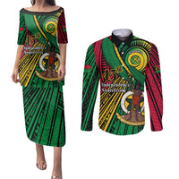 Halo Vanuatu Couples Matching Puletasi and Long Sleeve Button Shirt Happy 46th Independence Anniversary LT14 Black - Polynesian Pride