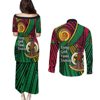 Halo Vanuatu Couples Matching Puletasi and Long Sleeve Button Shirt Happy 46th Independence Anniversary LT14 - Polynesian Pride