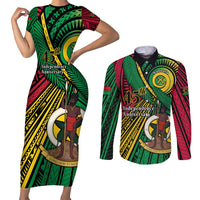 Halo Vanuatu Couples Matching Short Sleeve Bodycon Dress and Long Sleeve Button Shirt Happy 46th Independence Anniversary LT14 Black - Polynesian Pride