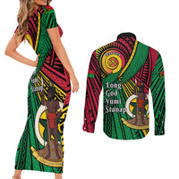 Halo Vanuatu Couples Matching Short Sleeve Bodycon Dress and Long Sleeve Button Shirt Happy 46th Independence Anniversary LT14 - Polynesian Pride