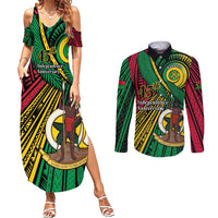 Halo Vanuatu Couples Matching Summer Maxi Dress and Long Sleeve Button Shirt Happy 46th Independence Anniversary LT14 Black - Polynesian Pride