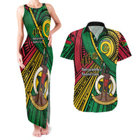 Halo Vanuatu Couples Matching Tank Maxi Dress and Hawaiian Shirt Happy 46th Independence Anniversary LT14 Black - Polynesian Pride