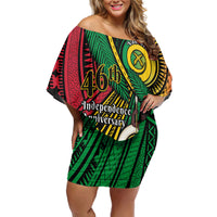 Halo Vanuatu Family Matching Off Shoulder Short Dress and Hawaiian Shirt Happy 46th Independence Anniversary LT14 Mom's Dress Black - Polynesian Pride