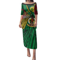 Halo Vanuatu Family Matching Puletasi and Hawaiian Shirt Happy 46th Independence Anniversary LT14 Mom's Dress Black - Polynesian Pride