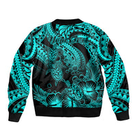 Personalised Polynesian Sleeve Zip Bomber Jacket Tribal Honu Turtle with Hibiscus Turquoise Version LT14 - Polynesian Pride