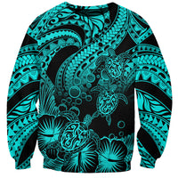 Personalised Polynesian Sweatshirt Tribal Honu Turtle with Hibiscus Turquoise Version LT14 Unisex Turquoise - Polynesian Pride