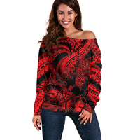 Personalised Polynesian Off Shoulder Sweater Tribal Honu Turtle with Hibiscus Red Version LT14 Women Red - Polynesian Pride