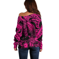 Personalised Polynesian Off Shoulder Sweater Tribal Honu Turtle with Hibiscus Pink Version LT14 - Polynesian Pride