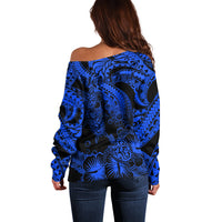 Personalised Polynesian Off Shoulder Sweater Tribal Honu Turtle with Hibiscus Blue Version LT14 - Polynesian Pride