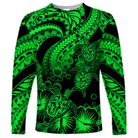 Personalised Polynesian Long Sleeve Shirt Tribal Honu Turtle with Hibiscus Green Version LT14 Unisex Green - Polynesian Pride