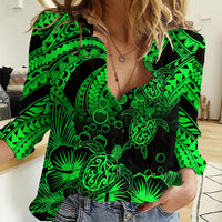 Personalised Polynesian Women Casual Shirt Tribal Honu Turtle with Hibiscus Green Version LT14 Female Green - Polynesian Pride