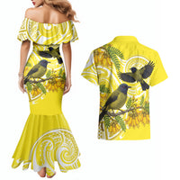 Bellbird New Zealand Couples Matching Mermaid Dress and Hawaiian Shirt Korimako Kowhai Maori Pattern