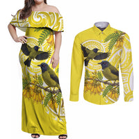 Bellbird New Zealand Couples Matching Off Shoulder Maxi Dress and Long Sleeve Button Shirt Korimako Kowhai Maori Pattern