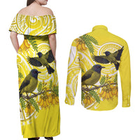 Bellbird New Zealand Couples Matching Off Shoulder Maxi Dress and Long Sleeve Button Shirt Korimako Kowhai Maori Pattern