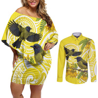 Bellbird New Zealand Couples Matching Off Shoulder Short Dress and Long Sleeve Button Shirt Korimako Kowhai Maori Pattern