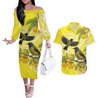 Bellbird New Zealand Couples Matching Off The Shoulder Long Sleeve Dress and Hawaiian Shirt Korimako Kowhai Maori Pattern LT14 Yellow - Polynesian Pride