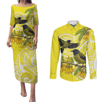 Bellbird New Zealand Couples Matching Puletasi and Long Sleeve Button Shirt Korimako Kowhai Maori Pattern