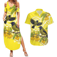 Bellbird New Zealand Couples Matching Summer Maxi Dress and Hawaiian Shirt Korimako Kowhai Maori Pattern