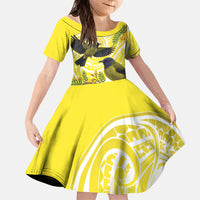 Bellbird New Zealand Family Matching Mermaid Dress and Hawaiian Shirt Korimako Kowhai Maori Pattern LT14 Daughter's Dress Yellow - Polynesian Pride
