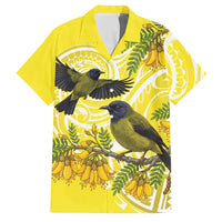 Bellbird New Zealand Family Matching Mermaid Dress and Hawaiian Shirt Korimako Kowhai Maori Pattern LT14 Dad's Shirt - Short Sleeve Yellow - Polynesian Pride