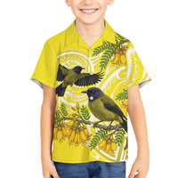 Bellbird New Zealand Family Matching Mermaid Dress and Hawaiian Shirt Korimako Kowhai Maori Pattern LT14 Son's Shirt Yellow - Polynesian Pride