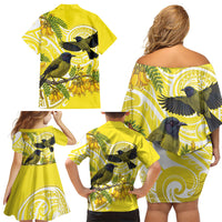 Bellbird New Zealand Family Matching Off Shoulder Short Dress and Hawaiian Shirt Korimako Kowhai Maori Pattern