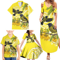 Bellbird New Zealand Family Matching Summer Maxi Dress and Hawaiian Shirt Korimako Kowhai Maori Pattern