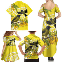 Bellbird New Zealand Family Matching Summer Maxi Dress and Hawaiian Shirt Korimako Kowhai Maori Pattern