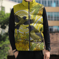 Bellbird New Zealand Sleeveless Puffer Jacket Korimako Kowhai Maori Pattern