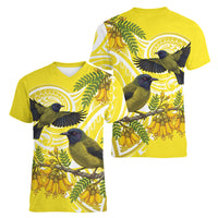 Bellbird New Zealand Women V-Neck T-Shirt Korimako Kowhai Maori Pattern