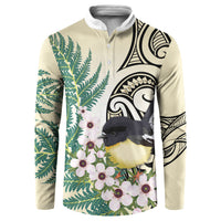 Endemic Tomtit New Zealand Button Sweatshirt Miromiro Manuka Silver Fern Maori Pattern