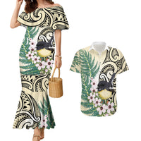 Endemic Tomtit New Zealand Couples Matching Mermaid Dress and Hawaiian Shirt Miromiro Manuka Silver Fern Maori Pattern