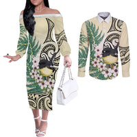 Endemic Tomtit New Zealand Couples Matching Off The Shoulder Long Sleeve Dress and Long Sleeve Button Shirt Miromiro Manuka Silver Fern Maori Pattern