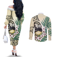 Endemic Tomtit New Zealand Couples Matching Off The Shoulder Long Sleeve Dress and Long Sleeve Button Shirt Miromiro Manuka Silver Fern Maori Pattern